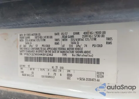 2017 Ford Transit T-350 from USA, damaged, VIN 1FBZX2ZMXHKB12362